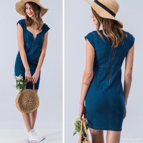 Denim v neck zip back mini dress size medium - Picture 4 of 10